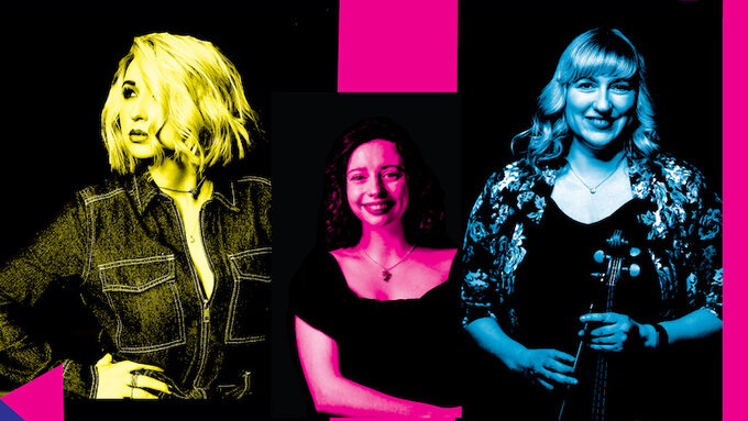 A composite graphic with three women on a black and pink background.