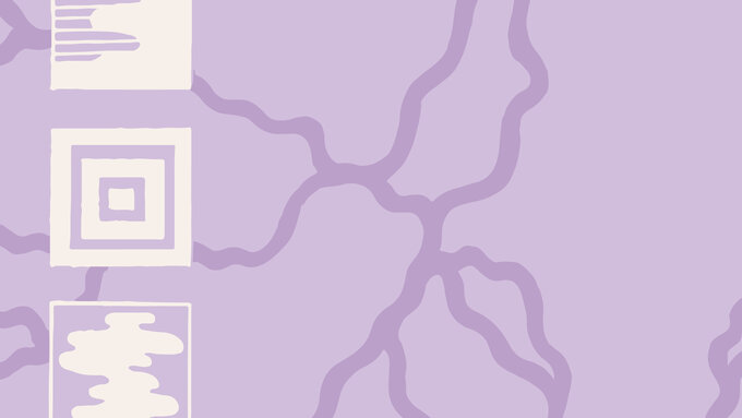 The image shows a two tone design in light and middle purples, with simple lines and text at the bottom.