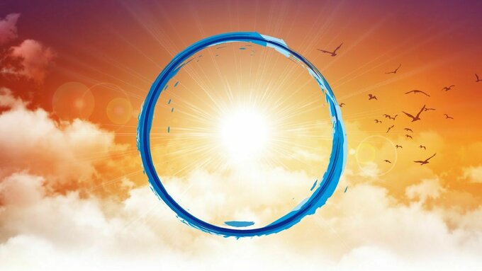 An illustration where blue circle frames a bright sun in an orange sky. Clouds sit below the sun and birds to the right