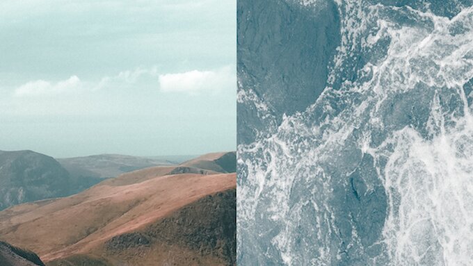 A split image, the left side shows mountains from above, the right shows a close up of foamy waves.