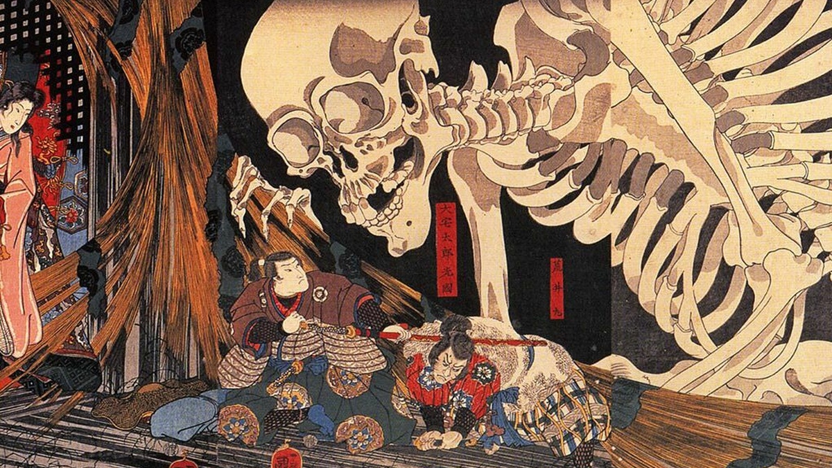 Painting by Japanese artist Utagawa Kuniyoshi, dated 1844. An enormous skeleton bends over two samurais fighting.