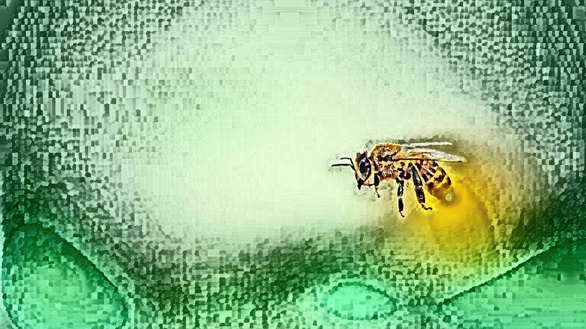 a pixelated painitning of a bee in front of a green background