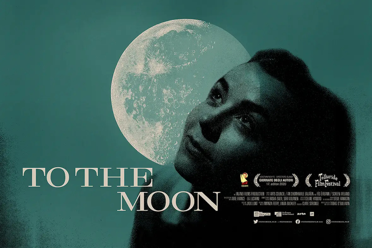 Film poster for To The Moon showing the full moon against a pale blue background.