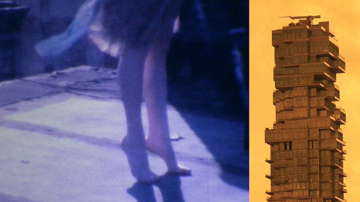 A splitscreen image: a purple hued image of a woman in a dress dancing and a yellow hued image of a skyscraper.