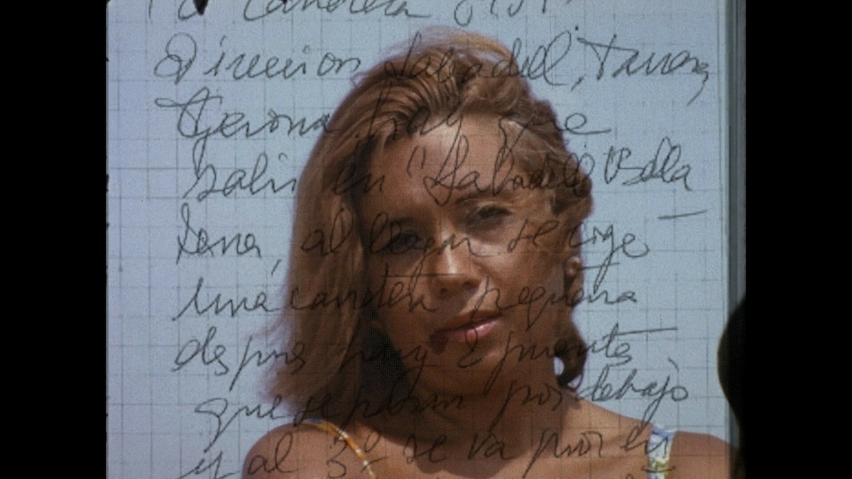 The image is a superimposition of a portrait (a tanned blond woman looking into the camera) and a handwritten diary.