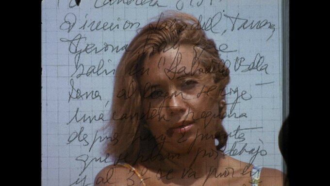 The image is a superimposition of a portrait (a tanned blond woman looking into the camera) and a handwritten diary.