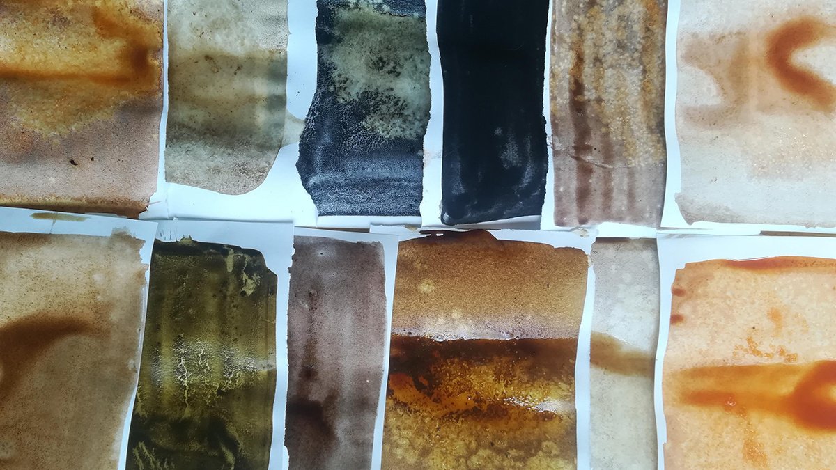 A sheet of coloured ink swatches in shades of brown and green