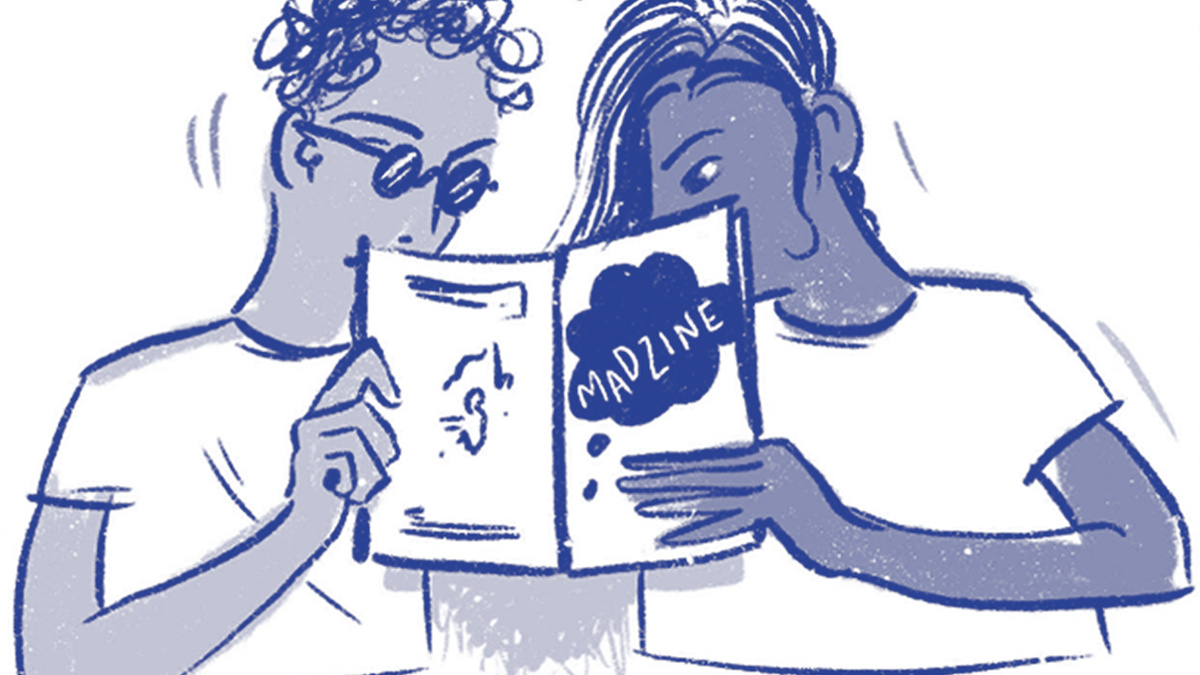 An illustration of two people reading a MadZine