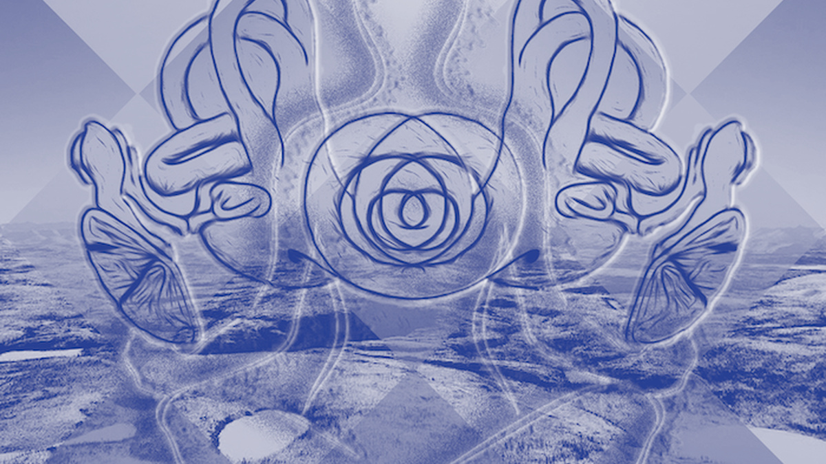 The outline of a person sitting in lotus position, interlaced cochlea, mosaic squares and a barren landscape behind them
