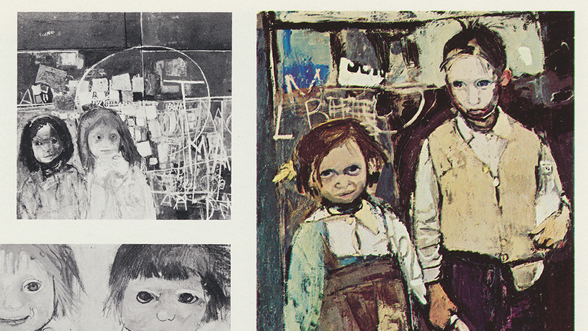 A scan from a catalog, there are 2 graphite drawings and 1 painting, all of a pair of school age Glasgwegian siblings.
