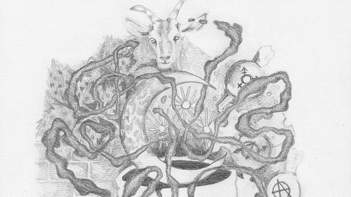 A drawing by Clay AD from Holy Bodies, it is an abstract scene in pencil, a goat's head and crescent moon are visible.