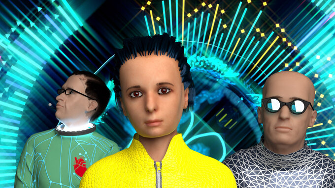 A digital render of 3 figures, a young person in a yellow jumpsuit is flanked by two older men in sci-fi costumes.