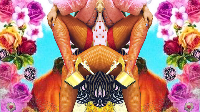 Designed image legs clad in fishnets, furry pink jacket against a blue backdrop with roses and flaming emoticon hearts.