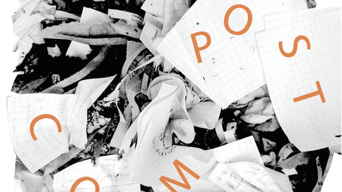 A black and white image collage of many sheets of paper, the word "Compost" is visible on the sheets.