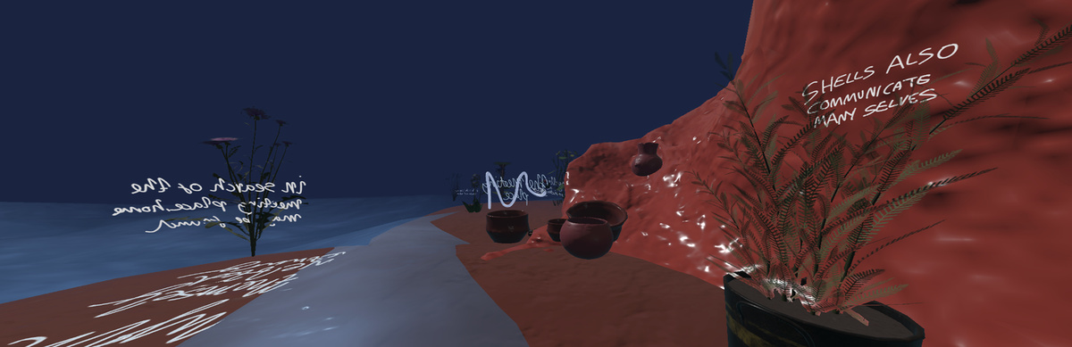A digital landscape reminiscent of a video game, a path flanked by pots, red boulders, and wide open space depicted.