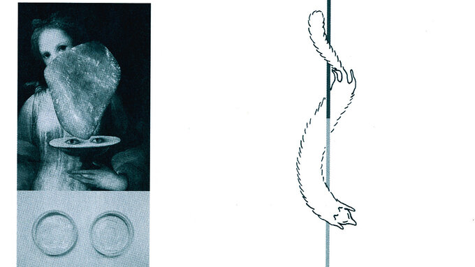 A collage of neoclassical images(left)  besides a simple drawing of a fox running down a pole (right).