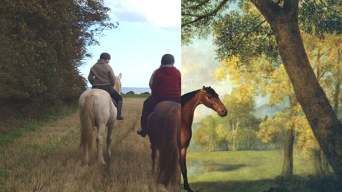 Collage of a photo of two horseriders with a painting of a horse.