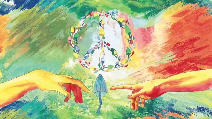 A colourful drawing of 2 hands reaching towards each other. In the middle, a peace symbol forms from colourful mushrooms