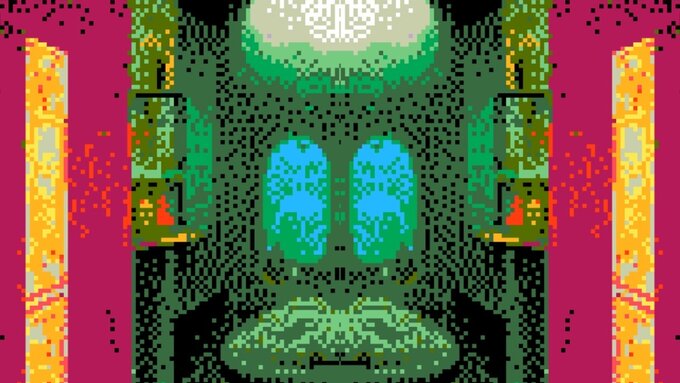 A view of a hotel bathroom from the doorway heavily pixellated in the style of early computer games in garish colours.