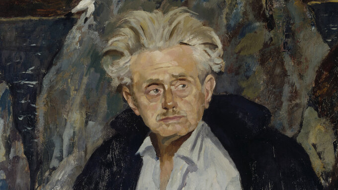 A portrait of poet Hugh MacDiarmid in oil paint.