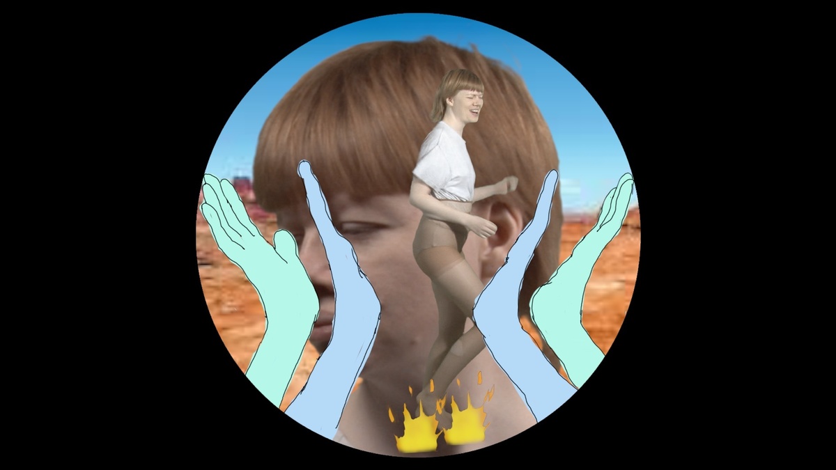 A circular image of a woman's head with ginger hair, the same woman stands dancing, in front of 4 animated hands.