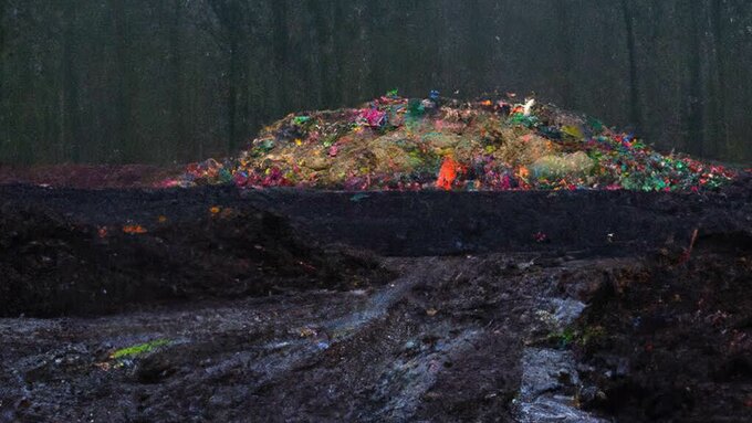An AI-generated image that appears to be a dirt road leading to a pile of trash.