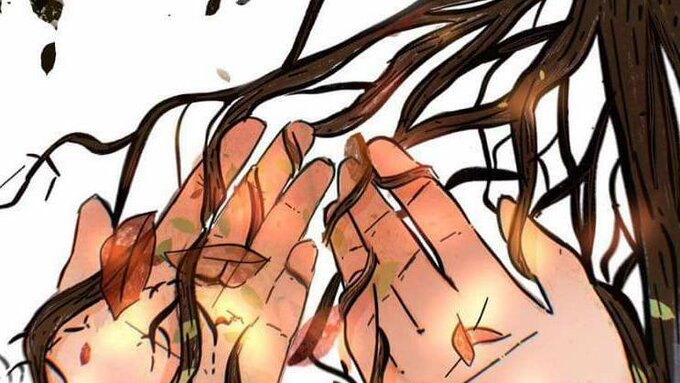 A tree in autumn with red leaves falling from it, two hands holding out to catch the leaves and the roots of the tree.