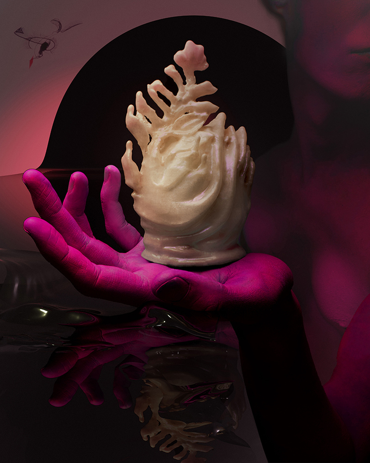 A digital collage with a purple hand in the centre holding up a digital object which looks reminiscent of a conch shell.