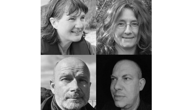Black and white headshots of the 4 writers: Margaret Elphinstone, Mandy Haggith Bottom, Douglas Thompson and D.P. Watt