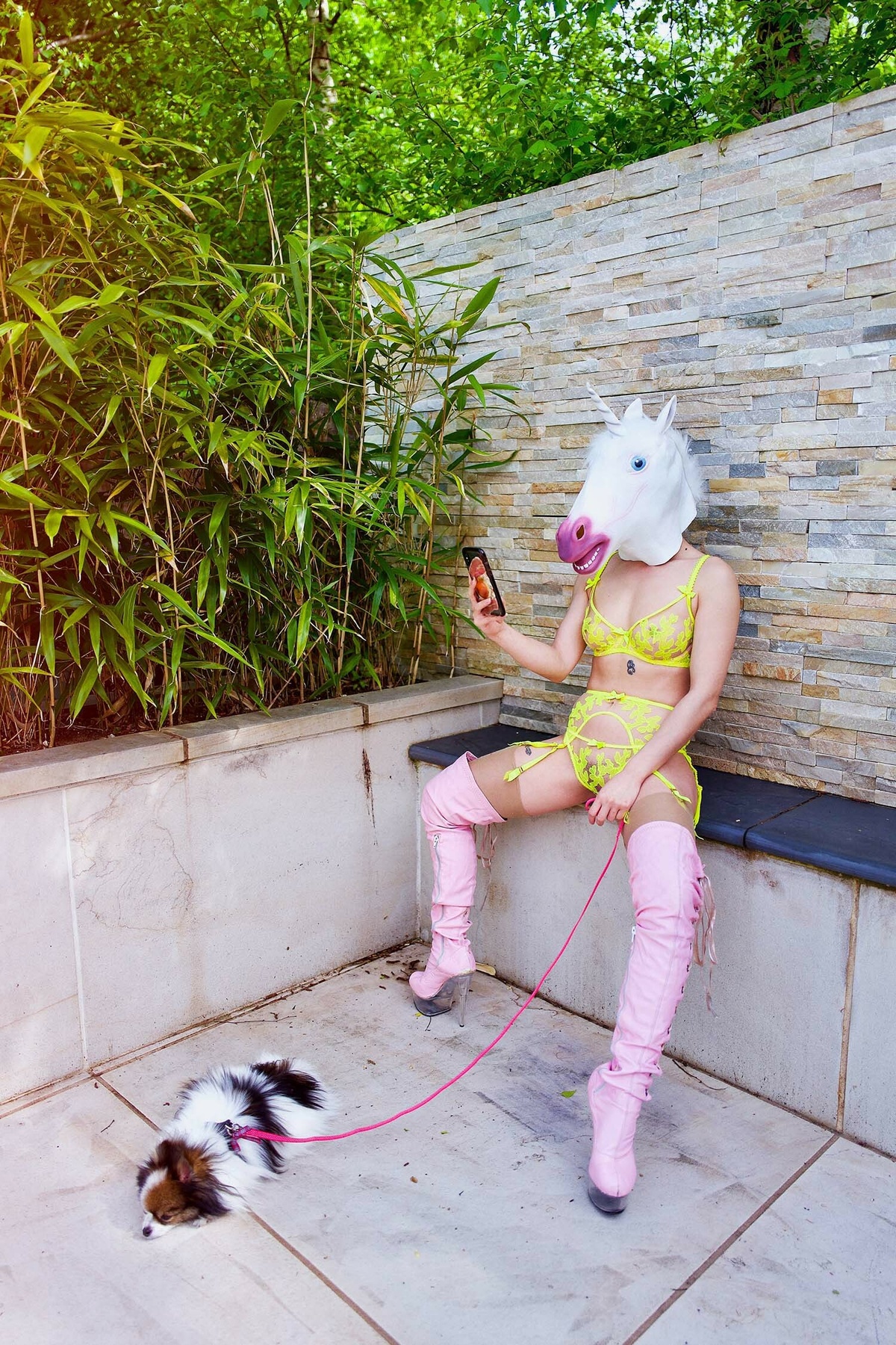 Femme Castratice wearing a unicorn head, yellow lingerie, with a small dog on a lead sits casually on a garden seat.