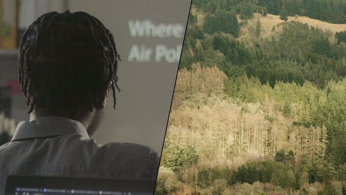 Two film stills. The first shows the back of a seated young person’s head, they are looking at projected words.