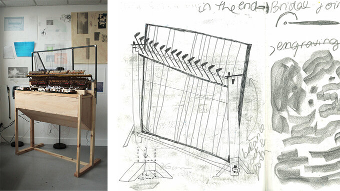 A piano rebuilt with reimagined & recycled parts. Besides pencilled mark making and sketches of a piano in a sketchbook.