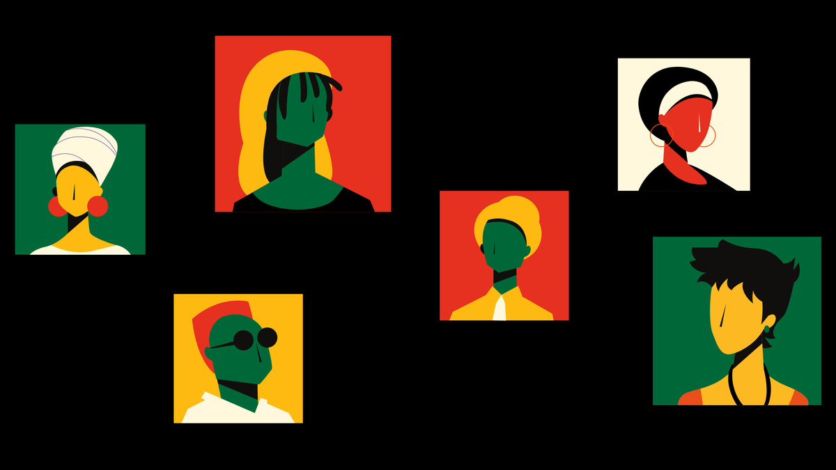 Six simple illustrations of people's head and shoulders on a black background.