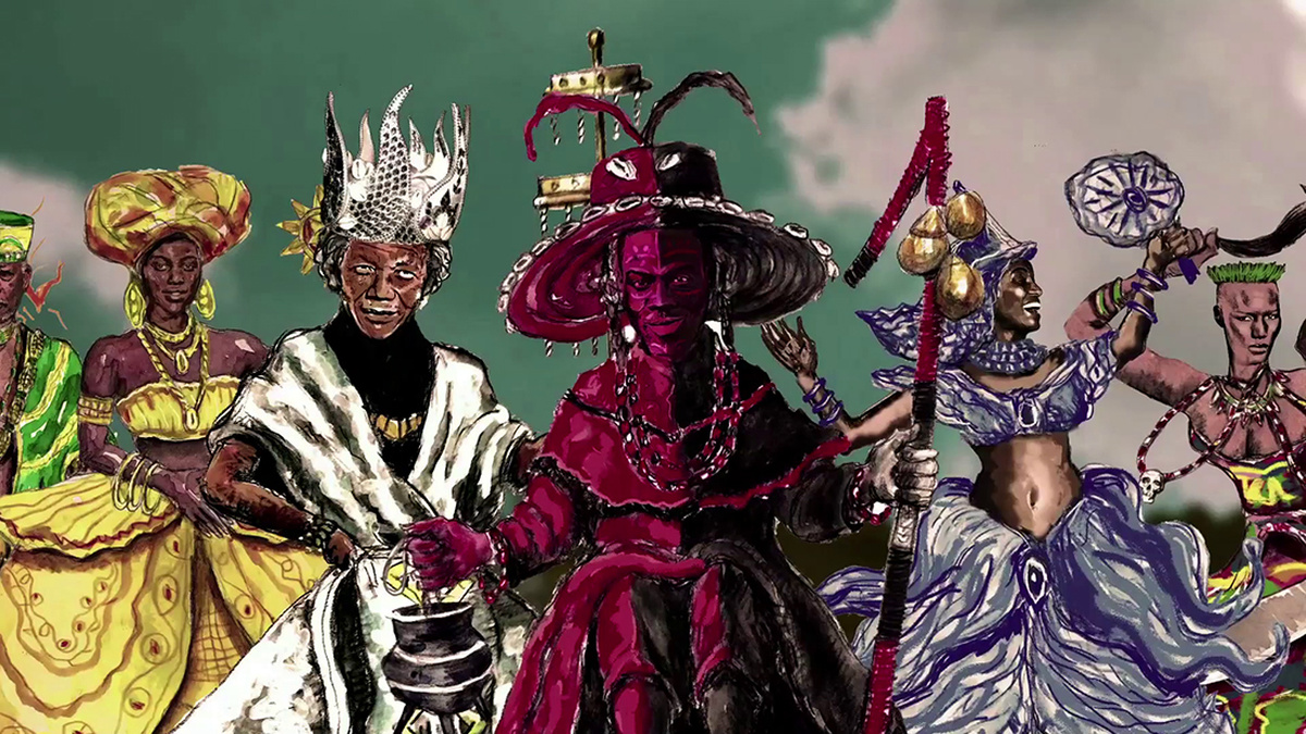 An illustration of 5 Afro-Cuban performers wearing ornate robes, dresses, and various pieces of beautiful accessories.