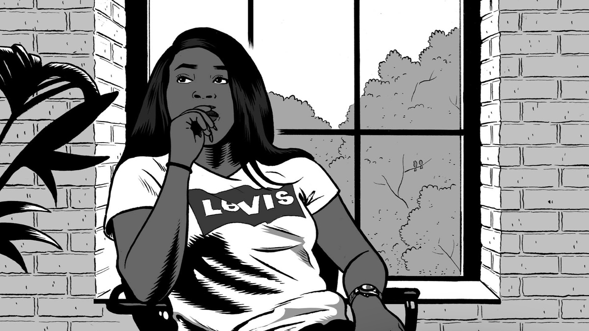 A black and white comic book illustration of a young Black woman, sitting in front of a window with a plant behind her.