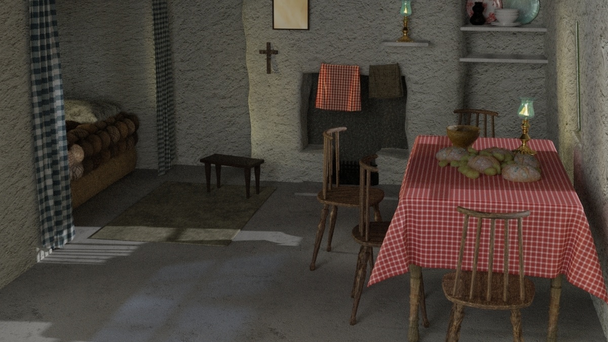 A render of the interior of a cottage, there's a bed, table, and hearth surrounded by a cross, lamp, and icon of Jesus.