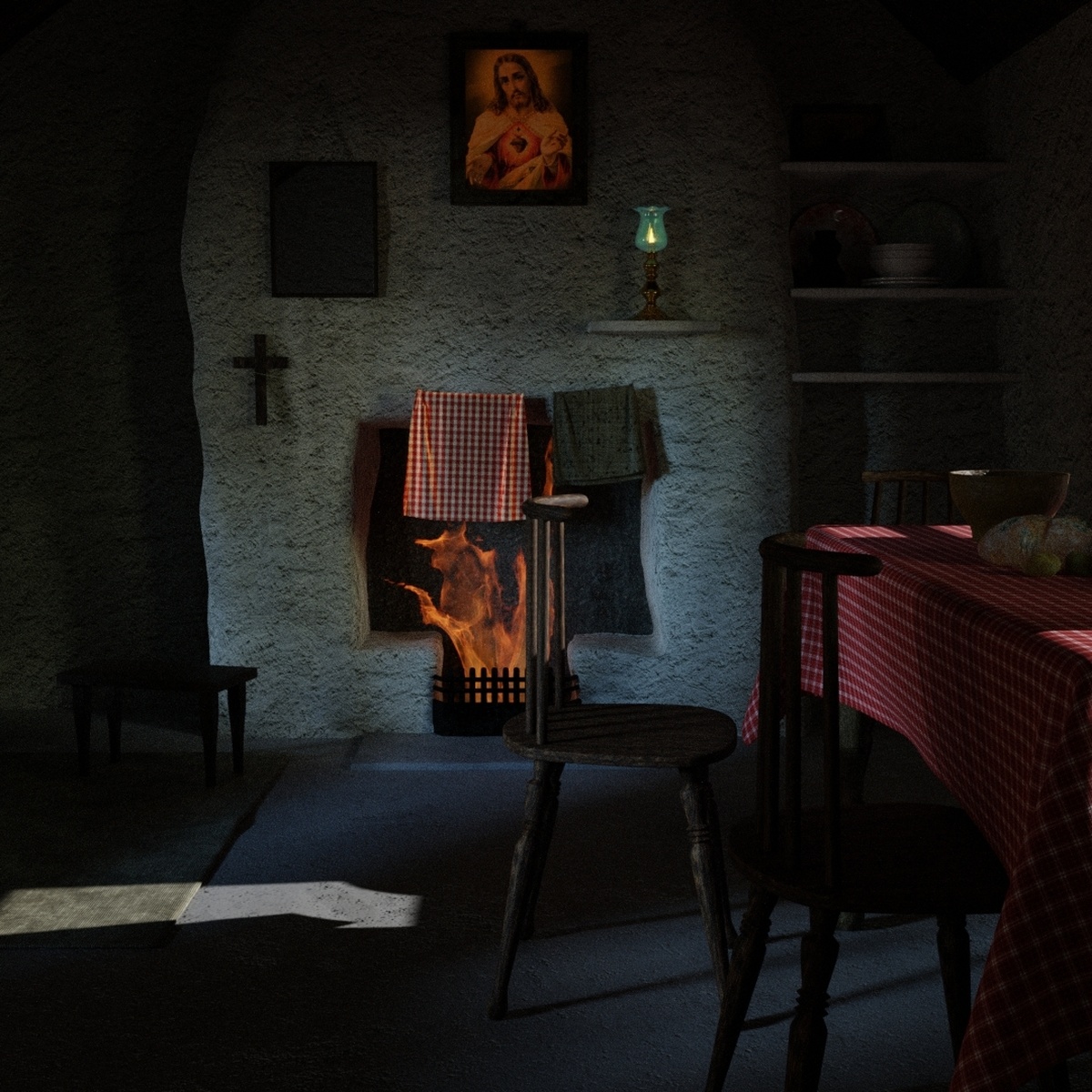 A 3D render of the cottage in the dark, with a fire burning the the fireplace and the lamp lit.