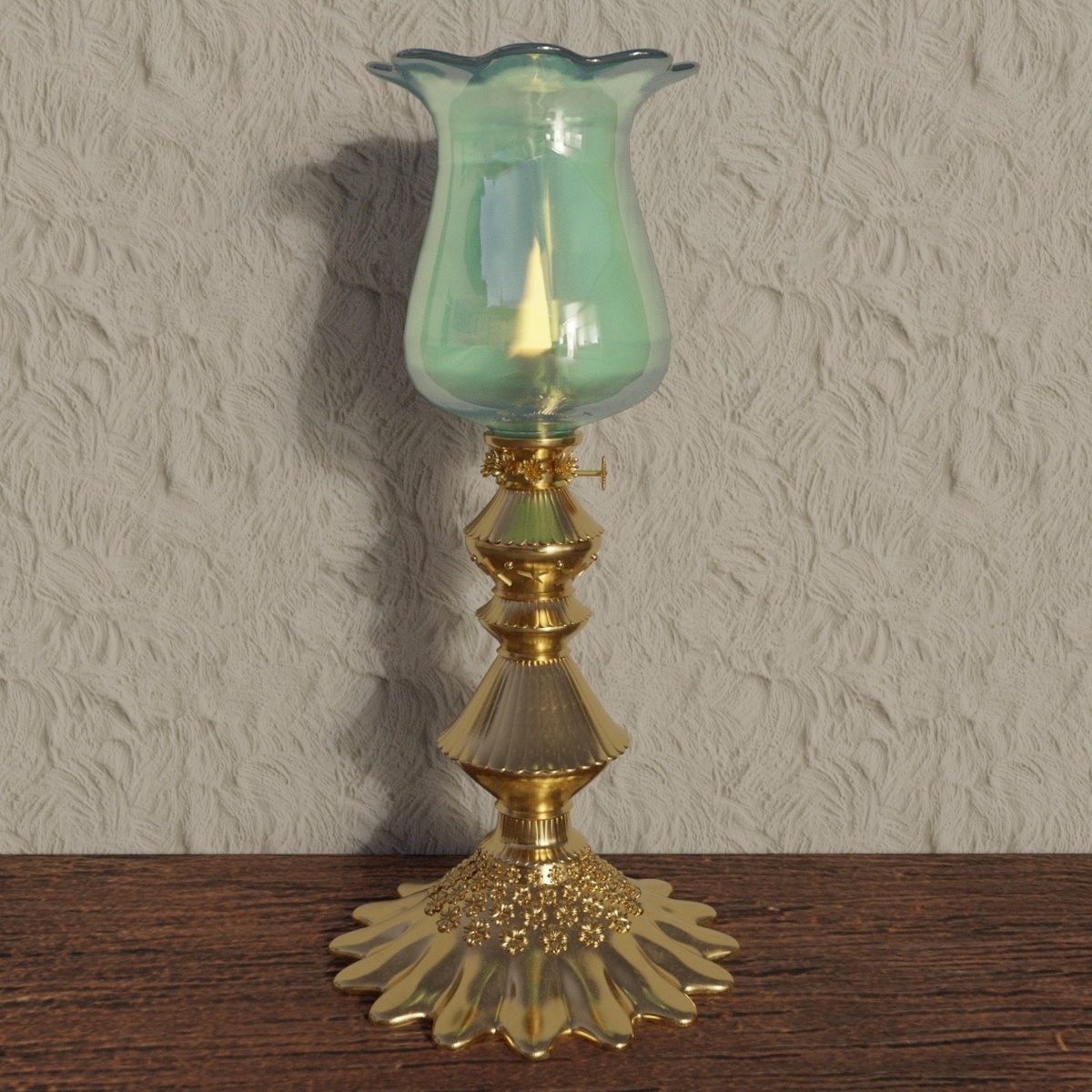 A render of a gas lamp, green glass in a floral shape on a brass stem. It looks more expensive than the other objects