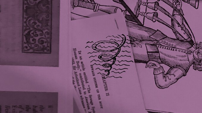 A mauve and black image of photocopies spread across a table—a mix of text and images describing the body.