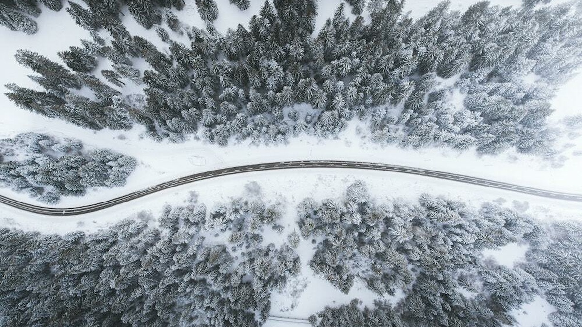 An aerial photograph of a snowy road through a wintery forest.