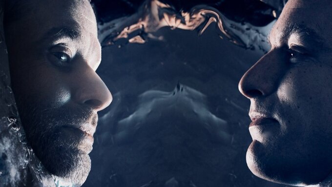 Two faces look at each other, the background is abstract.