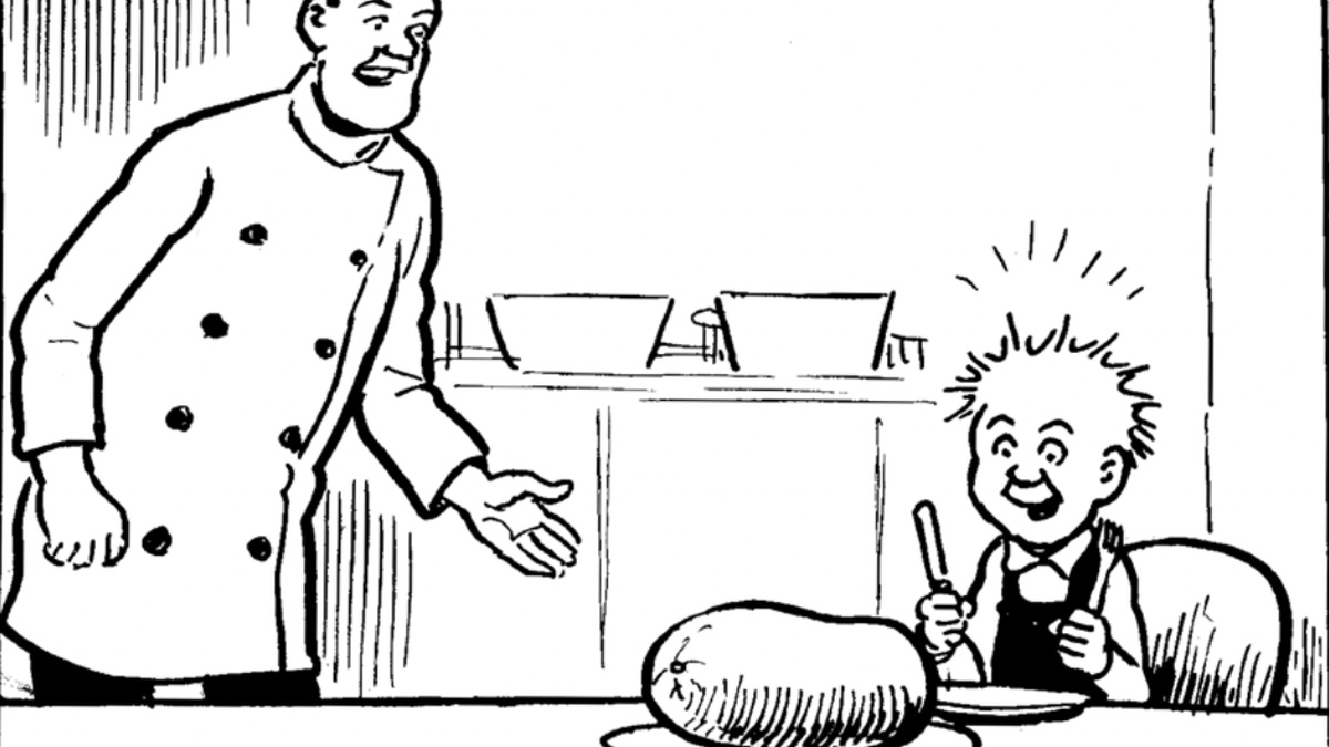 A comic page illustration on the right titular Wullie smiles about to eat haggis, to the left a chef gestures to it.