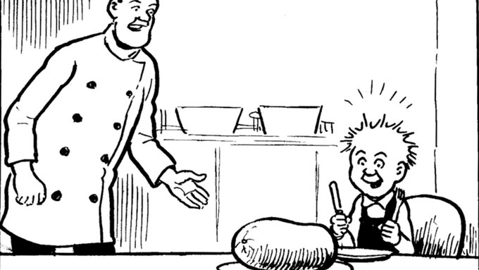 A comic page illustration on the right titular Wullie smiles about to eat haggis, to the left a chef gestures to it.