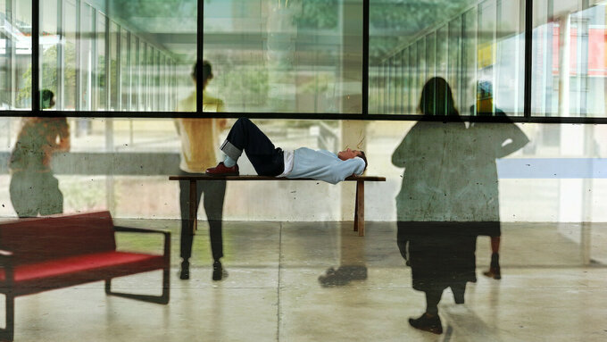 A composite photo of people standing around Tink laying on a bench in a public space.