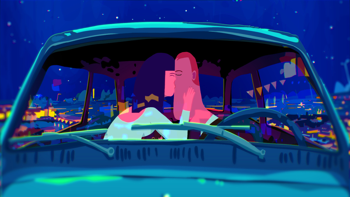 Colourful, quirky animation still of young, joyful couple kissing in a car
