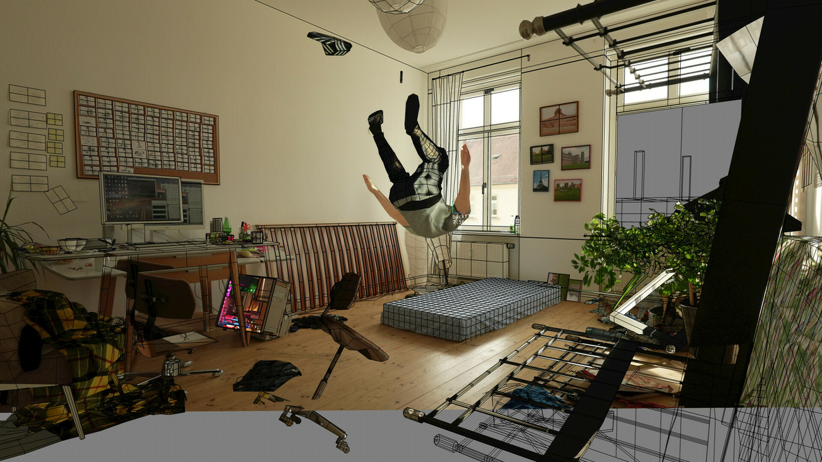 A computer-generated image of a man doing a backflip onto a mattress laid on the floor.