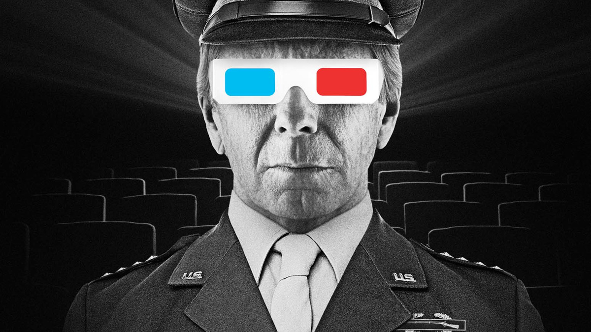 A poster containing a black & white medium shot of a general wearing 3d glasses with polarised lenses in red and blue.