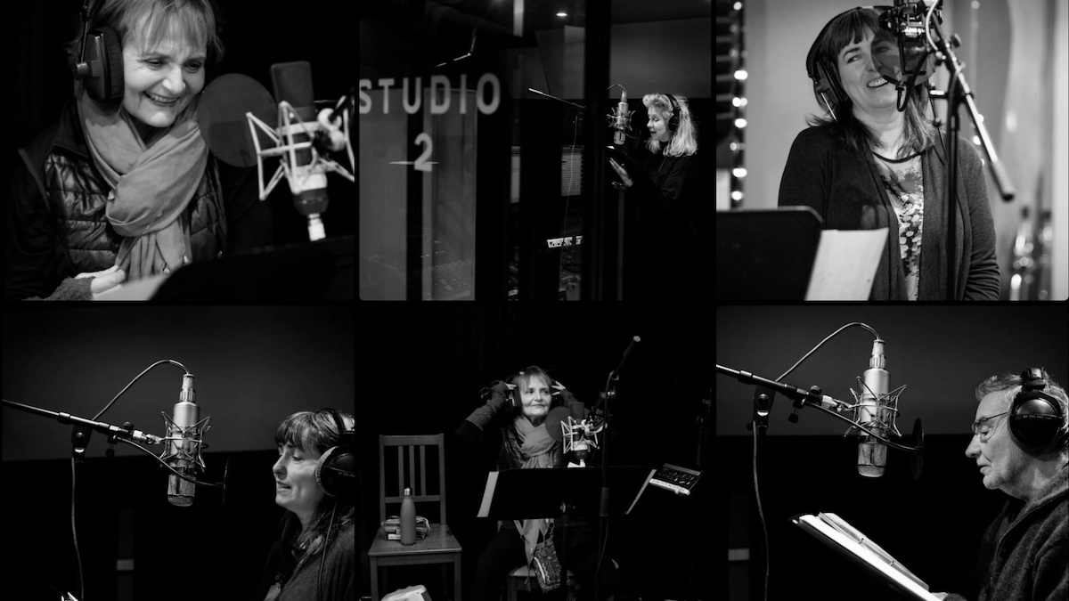 A black and white collage of photos of singers in front of microphones.