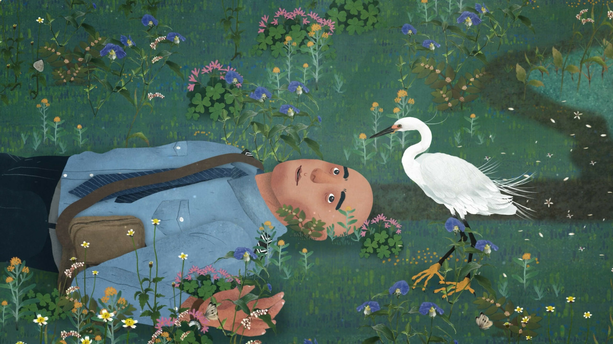 An animated frame depicting a person lying on lush grass, a white bird stands beside their head.