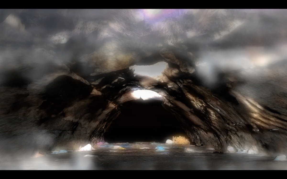 3. An abstract depicting what appears to be the mouth of a cave with litter floating in the water beneath.